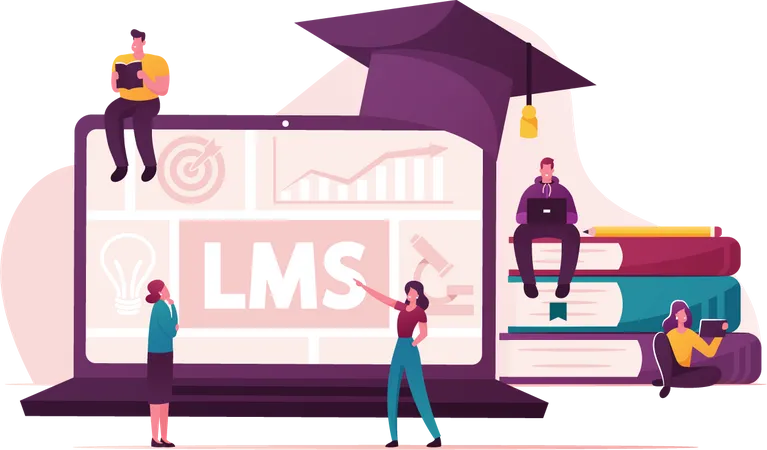 Lms Learning Management System Concept Tiny Male And Female Characters Around Of Huge Laptop With Graphs And Graduation Cap Piles Of Textbooks Students Studying Cartoon Vector People Illustration Illustration