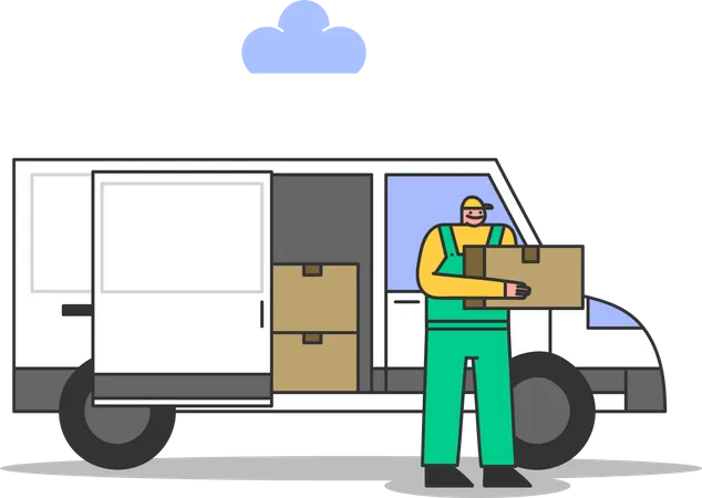 Loader Unload Goods From Truck Delivery Service And Home Moving Concept Courier Or Postman Deliver Parcel From Warehouse Shipment And Transportation Flat Vector Illustration Illustration