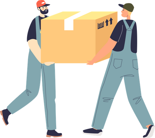 Loaders carry big box unloading stuff for new home or apartment after relocation  Illustration