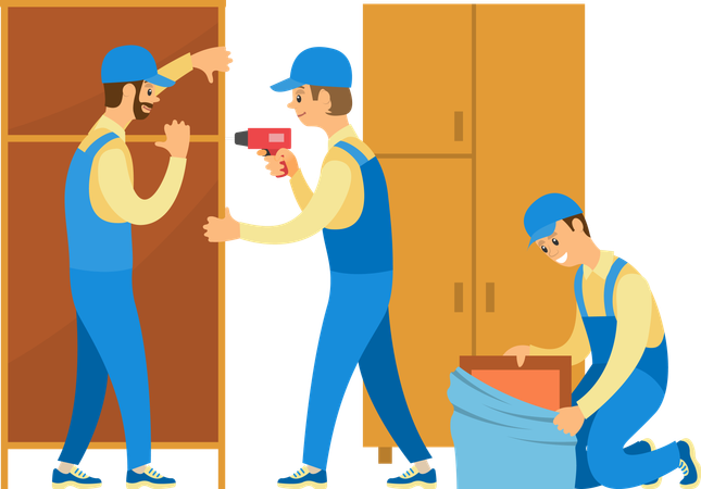 Loaders Unpacking Goods and Furniture in House  Illustration