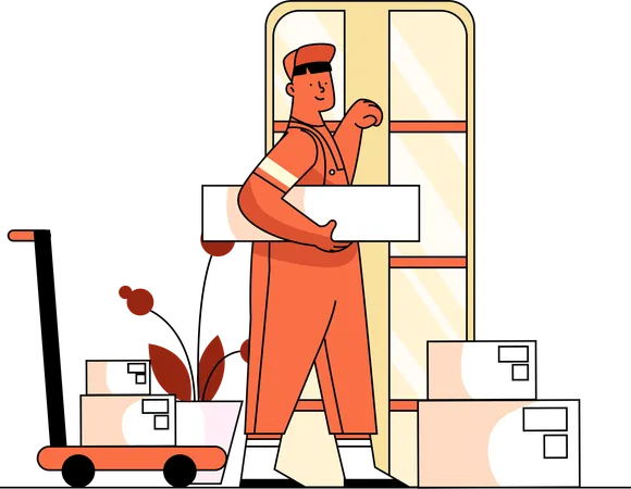 A Delivery Worker In An Orange Uniform Preparing Parcels In A Loading Area Symbolizing Organized Logistics Operations Illustration