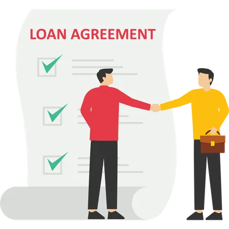 Loan Agreement Borrow Money From Bank Mortgage Debt Or Obligation To Pay Back Interest Rate Personal Loan Or Financial Support Concept Businessman Shaking Hand With Loan Agreement And Money Bag Illustration