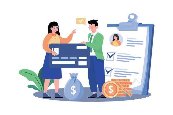 Loan officer assisting clients with loan applications and processing  Illustration