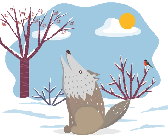 Lobo aullando en el bosque de invierno  Ilustración