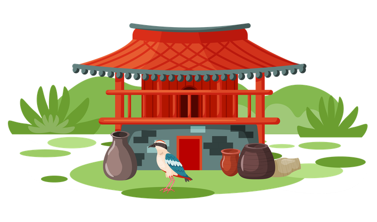 Local bird of island on building in oriental style  Illustration