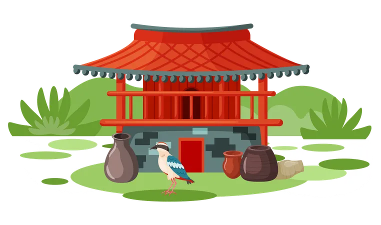 Local bird of island on building in oriental style  Illustration