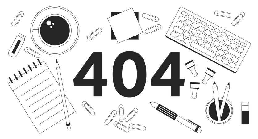 Mensagem flash de erro 404 em preto e branco no local de trabalho  Ilustração