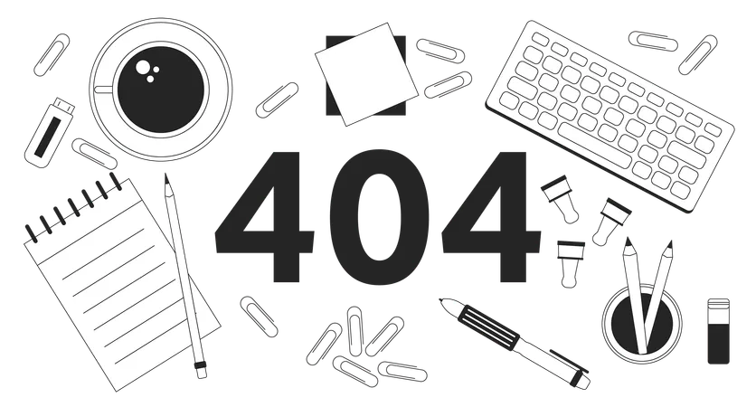 Mensagem flash de erro 404 em preto e branco no local de trabalho  Ilustração