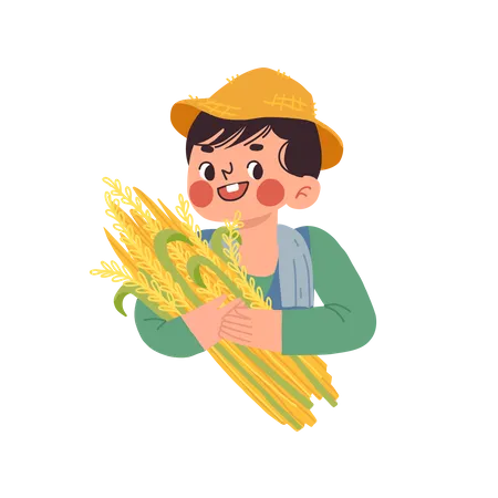 Local farmer man holding rice plant  Illustration