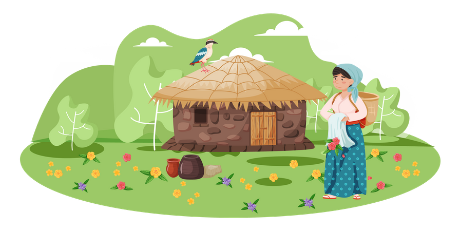 Local Jeju woman standing near house  Illustration