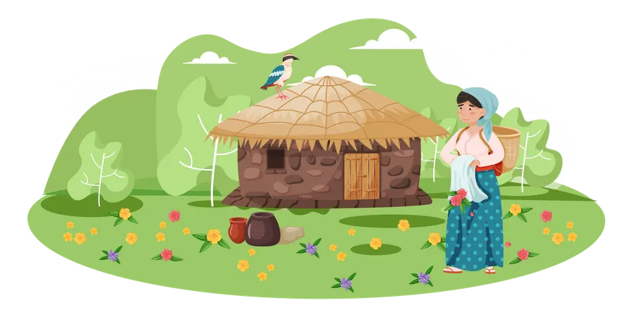 Local Jeju woman standing near house  Illustration