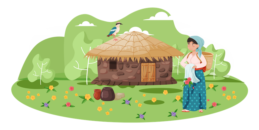 Local Jeju woman standing near house  Illustration