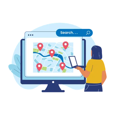 Local SEO with Computer Map and Location Pins Illustration  Illustration