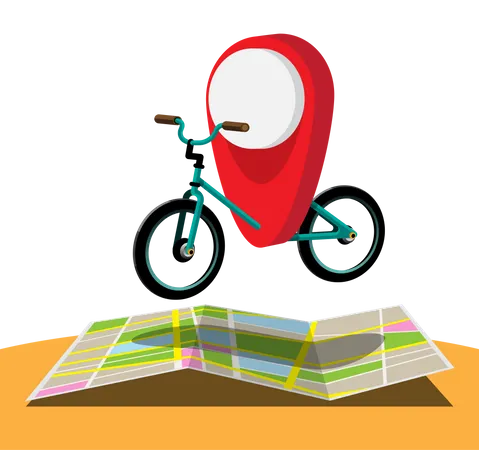 Um Icone De Localizacao Anda De Bicicleta Percorrendo A Cidade Usando Mapas E Navegacao GPS Para Chegar Ao Seu Destino Sem Se Perder Desenho De Ilustra O Vetorial Plana Ilustração