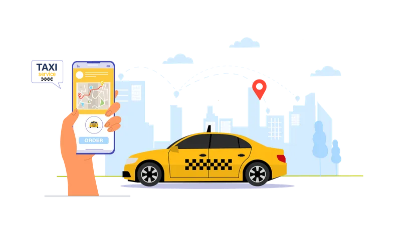 Localización de taxis online mediante móvil  Ilustración