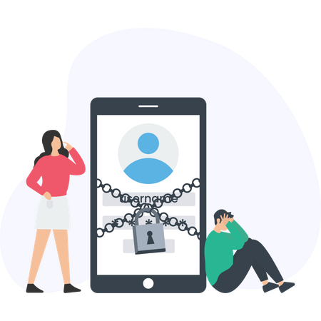 Locked account on smartphone login screen with padlock and chain frustrated people with password problem access denied cybersecurity  user authentication data protection digital privacy  Illustration
