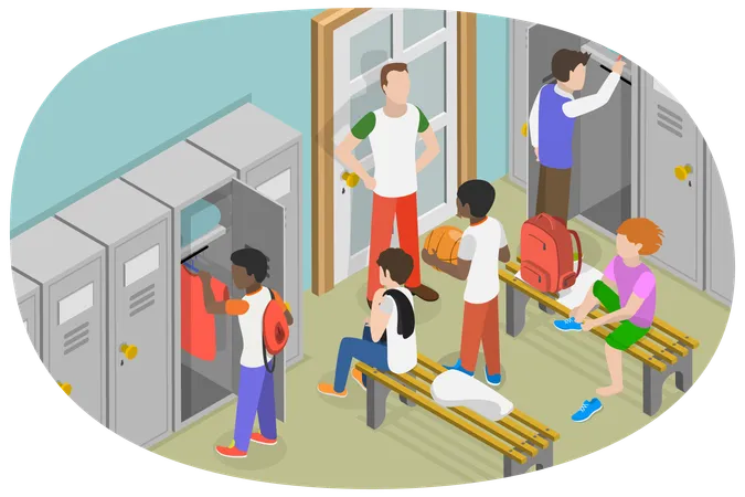 Locker Room in Gym and Player Sitting on Bench  Illustration