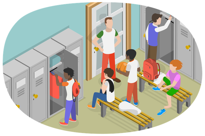 Locker Room in Gym and Player Sitting on Bench  Illustration