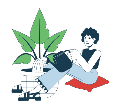 Lockiges Haar Frau gießen Zimmerpflanze  Illustration
