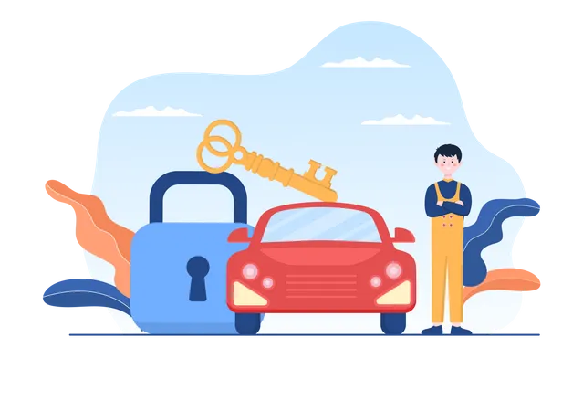 Locksmith Repairman Car Door Repair Maintenance And Installation Service With Equipment As Screwdriver Or Key In Flat Cartoon Background Illustration イラスト