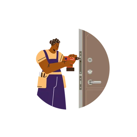 Locksmith repairs door lock  Illustration