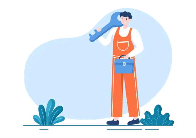 Locksmith Repairman Home Maintenance Repair And Installation Service With Equipment As Screwdriver Or Key In Flat Cartoon Background Illustration イラスト