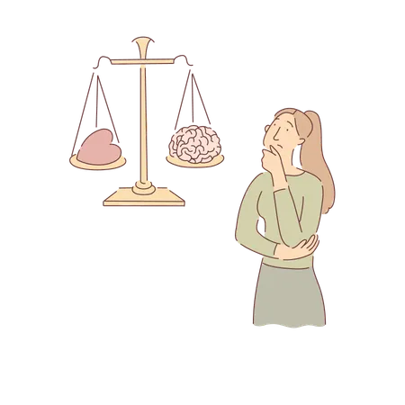 Brain Vs Heart On Scales Logical Thinking Versus Emotional Reaction Metaphor Banner Confused Woman Choosing Between Rational And Emotional Decision Concept Cartoon Sketch Flat Vector Illustration Illustration