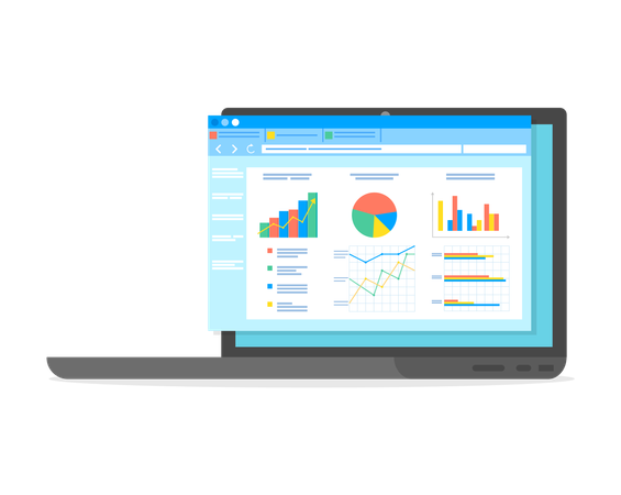 Écran d'ordinateur de logiciel de table avec données de comptabilité financière, rapport d'activité analytique de base de données  Illustration