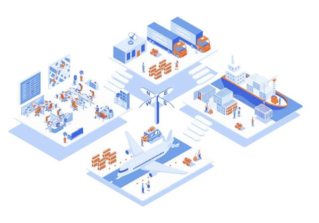 Logistic Company Concept 3 D Isometric Web Scene With Infographic People Working In Delivery Office And Provide Road Marine And Air Transportations Vector Illustration In Isometry Graphic Design Illustration