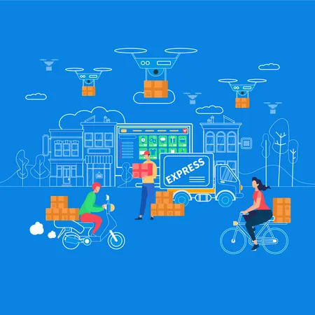 Logistics, Delivery Home and Office from Drone Illustration