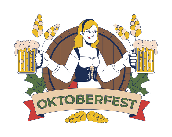 Logotipo del Oktoberfest con una mujer feliz sosteniendo jarras de cerveza  Ilustración