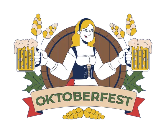 Logotipo del Oktoberfest con una mujer feliz sosteniendo jarras de cerveza  Ilustración