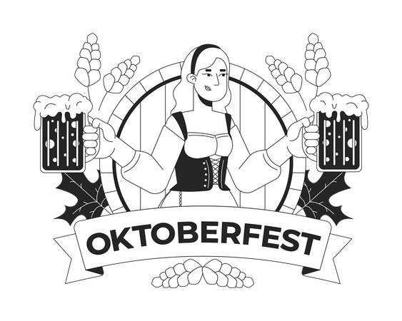 Logotipo del Oktoberfest con una mujer feliz sosteniendo jarras de cerveza  Ilustración