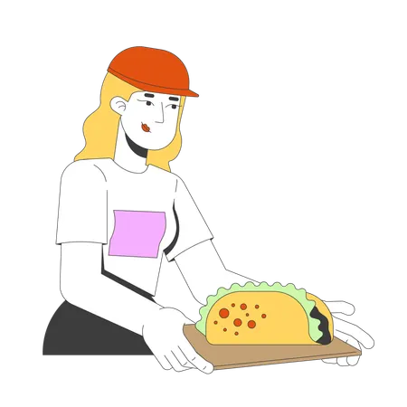 Loira funcionária de fast food servindo tacos em uma bandeja  Ilustração