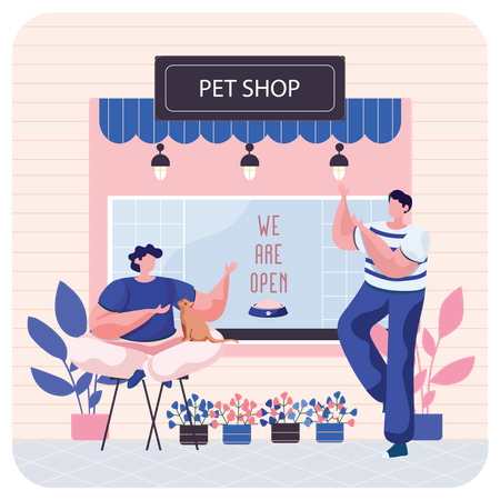 Homem mimando gato em pet shop  Ilustração