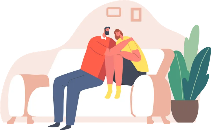 Loneliness Anxiety Empathy And Friendship Concept Man Giving Comfort And Support To Woman Hug Her Sitting On Couch At Home Friend Or Family Character Feeling Stress Cartoon Vector Illustration Illustration