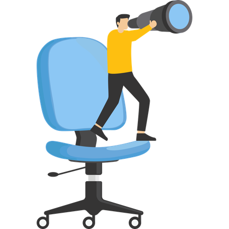 Lonely businessman standing look for near future on sinking office chair  Illustration