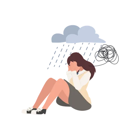 Sad Lonely Asian High School Girl In Depression Young Unhappy Girl Sitting And Cry Depressed In Teenager Flat Vector Cartoon Illustration Illustration