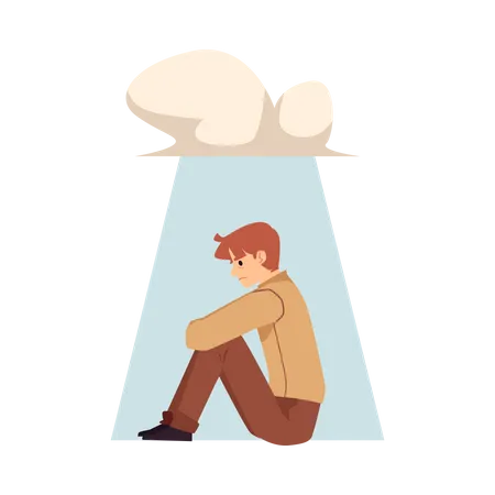 Lonely Upset Man Cartoon Character Sitting Under Rain Cloud Metaphor Of Loneliness And Depression Bad Mood Illustration