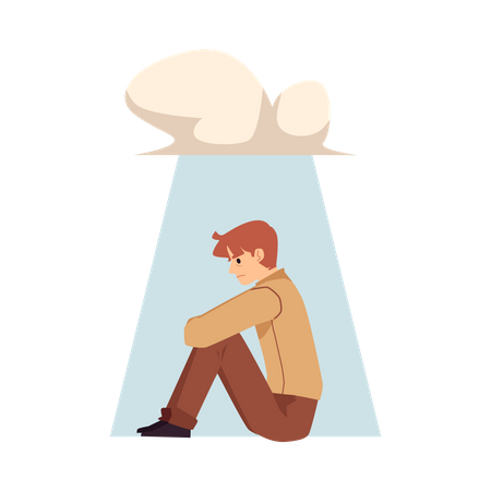 Lonely man sitting under rain cloud  イラスト