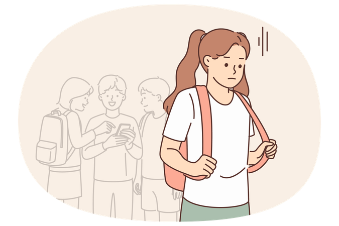 Lonely schoolgirl sad because of lack of friends and being ignored by classmates from school  Illustration