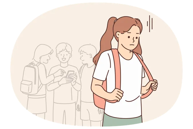Lonely schoolgirl sad because of lack of friends and being ignored by classmates from school  Illustration