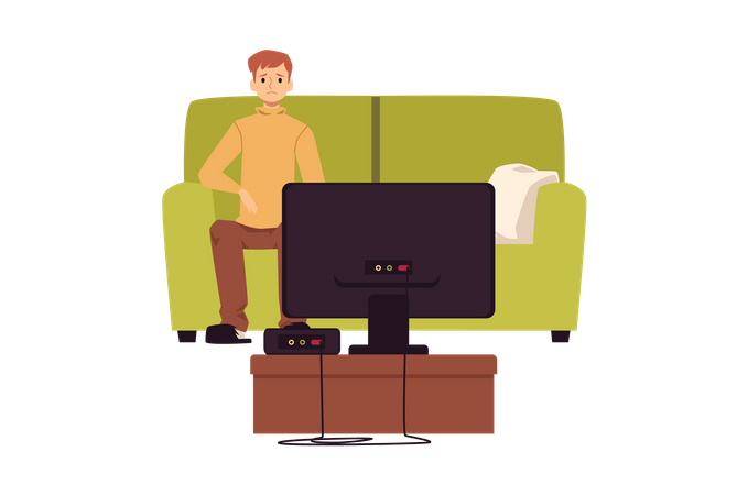 Lonely unhappy man sitting in front of TV  Illustration