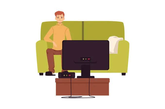 Lonely Unhappy Man Sitting Alone In Front Of TV Young Man Suffers From Loneliness And Socialization Difficulties Illustration