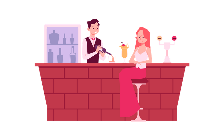 Lonely woman in depression at bar counter Illustration