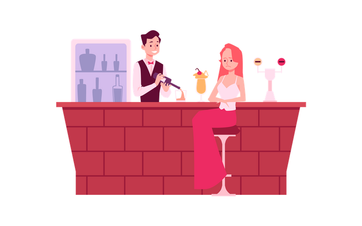 Lonely woman in depression at bar counter  Illustration