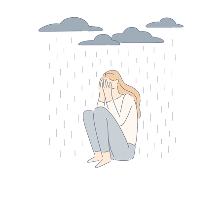 Lonely woman under raining clouds  Illustration