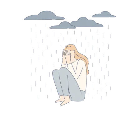Lonely Woman Under Raining Clouds Depressed Girl Sit Alone Bad Mood Psychological Disorder Depression Banner Frustration Mental Health Problem Concept Cartoon Sketch Flat Vector Illustration Illustration