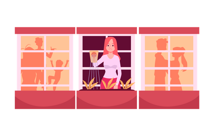 Lonely young woman watering plants on balcony  イラスト