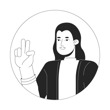 Long haired asian man victory sign  イラスト